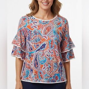 Cable & Gauge 3/4 Ruffle Bell Short Sleeve Blouse Paisley White Hem Large NWT